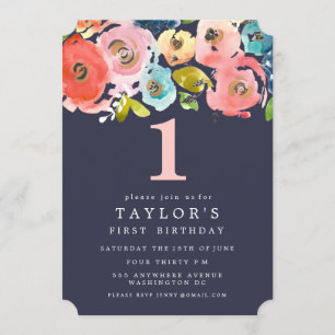 Watercolor Floral Girls 1st Birthday Invite