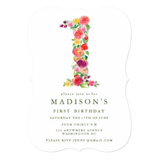 Watercolor Floral Girls 1st Birthday Invite