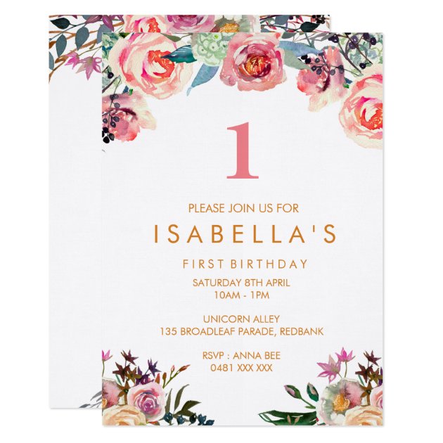 Watercolor Floral Girls Birthday Invitation