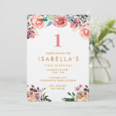 Watercolor floral girls birthday invitation (Standing Front)