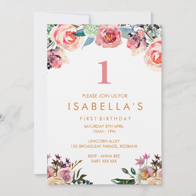 Watercolor floral girls birthday invitation (Front)