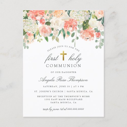 Watercolor Floral Girls First Holy Communion Invitation Postcard