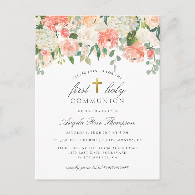 Watercolor Floral Girl's First Holy Communion Invitation Postcard (Front)