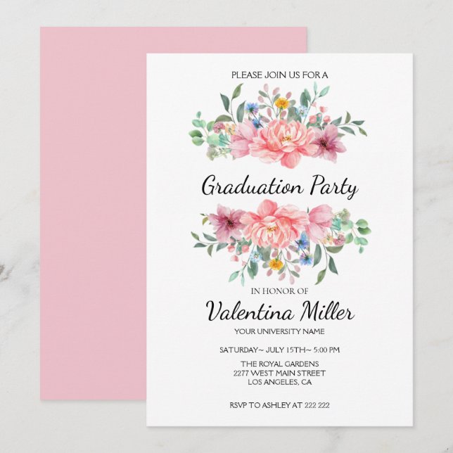 Watercolor Floral Girly  Invitation (Front/Back)