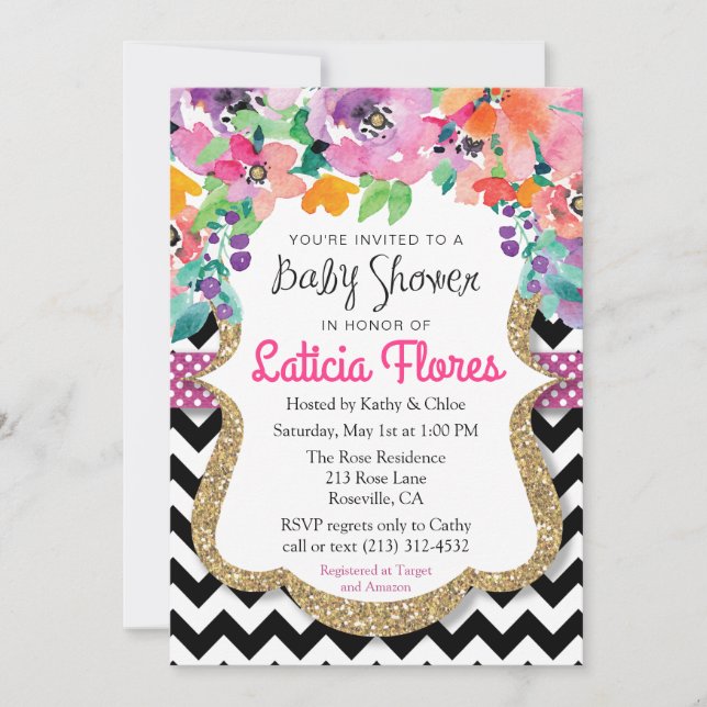 Watercolor Floral Glitter Baby Shower Invitation (Front)
