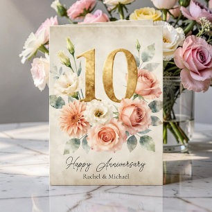 Watercolor Floral Gold 10th Wedding Anniversary Card