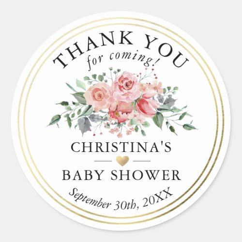Watercolor Floral Gold Baby Shower Thank You Classic Round Sticker