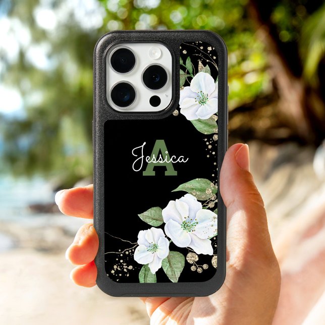 Watercolor Floral Gold Black Chic Monogram Script Otterbox iPhone Case (Creator Uploaded)