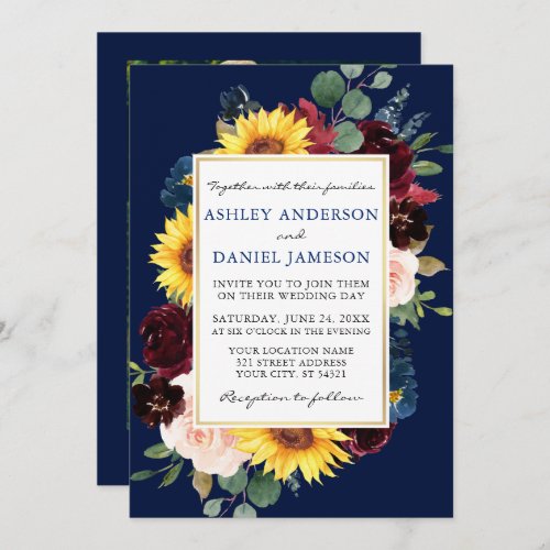Watercolor Floral Gold Blue Photo Wedding Invitation