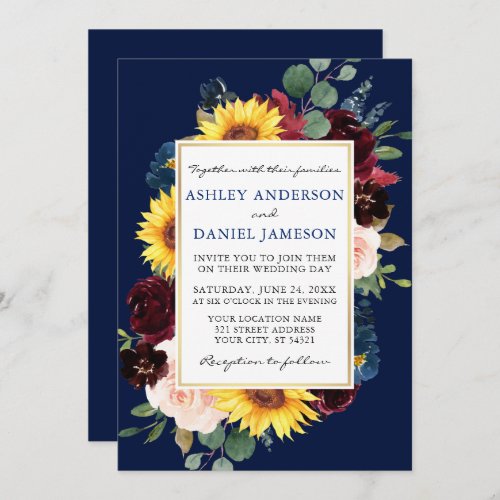 Watercolor Floral Gold Blue Wedding Invitation