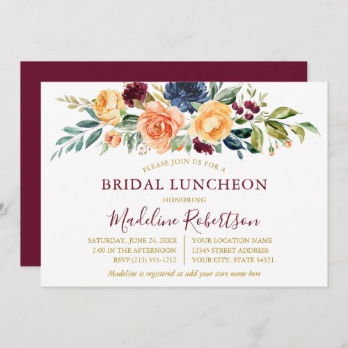 Watercolor Floral Gold Bridal Luncheon Burgundy Invitation