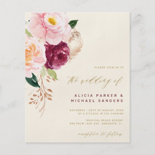 Watercolor floral gold burgundy wedding invitation flyer