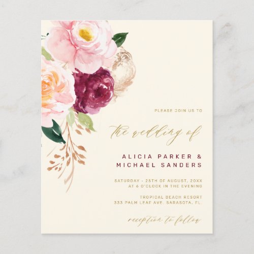 Watercolor floral gold burgundy wedding invitation flyer