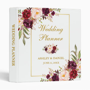 Watercolor Floral Gold Burgundy Wedding Planner 3 Ring Binder