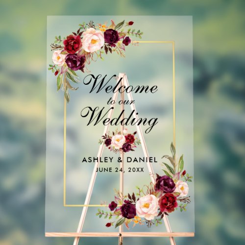 Watercolor Floral Gold Burgundy Wedding Welcome Acrylic Sign