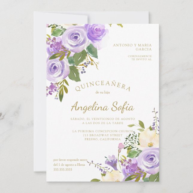 Watercolor Floral Gold Calligraphy Quinceanera Invitation (Front)