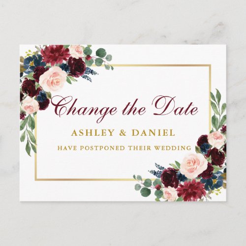 Watercolor Floral Gold Change The Date Postcard