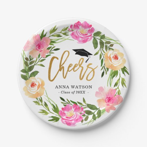 Watercolor Floral Gold Cheers Custom Graduation Paper Plates