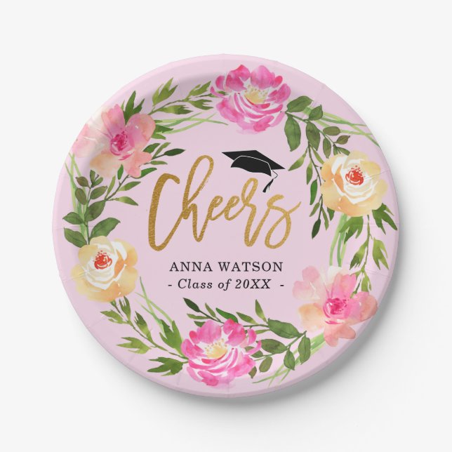 Watercolor Floral Gold Cheers Custom Graduation Paper Plates (Front)