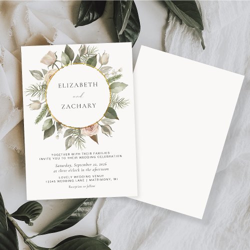 Watercolor Floral Gold Circle Ivory Wedding Invitation