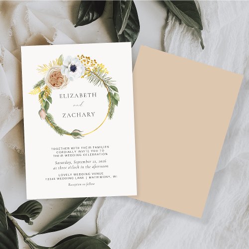 Watercolor Floral Gold Circle Wedding Invitation