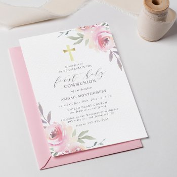 Watercolor Floral Gold Cross First Holy Communion Invitation Postcard by Cali_Graphics at Zazzle