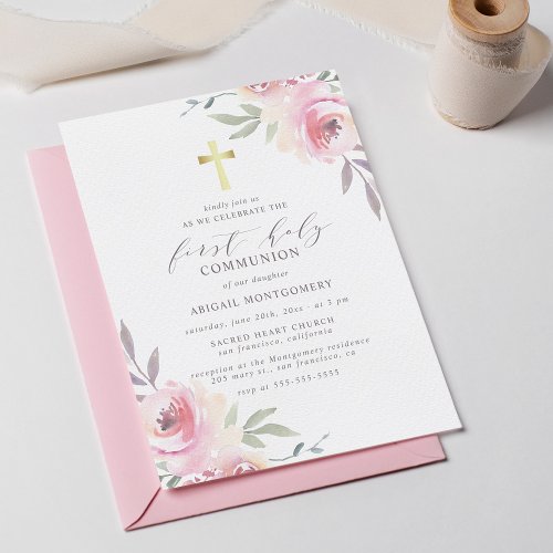 Watercolor Floral Gold Cross First Holy Communion Invitation Postcard
