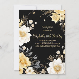 Watercolor Floral Gold Elegant 40th Birthday Invitation