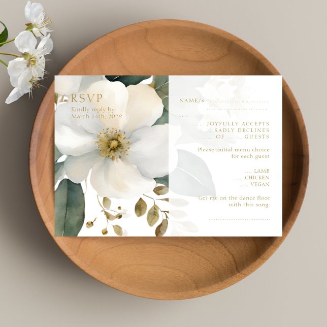 Watercolor Floral Gold Foliage Wedding RSVP Card (Creator Uploaded)