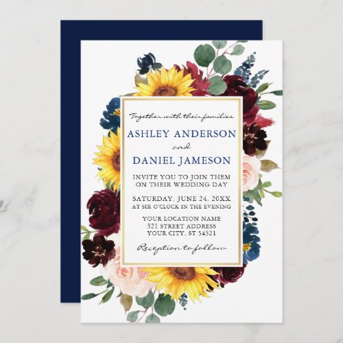 Watercolor Floral Gold Frame Blue Wedding Invitation