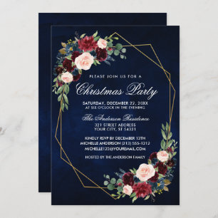 Watercolor Floral Gold Frame Christmas Party Blue Invitation
