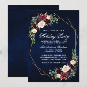 Watercolor Floral Gold Frame Holiday Party Blue Invitation