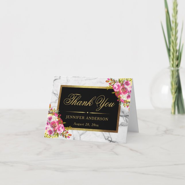 Watercolor Floral Gold Frame Marble Thank You Card (Front)