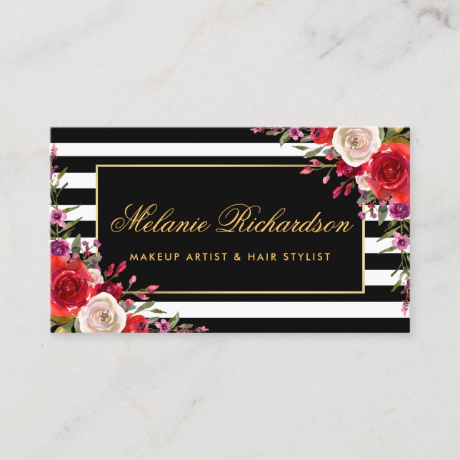 Watercolor Floral Gold Frame Striped Business Card (Front)