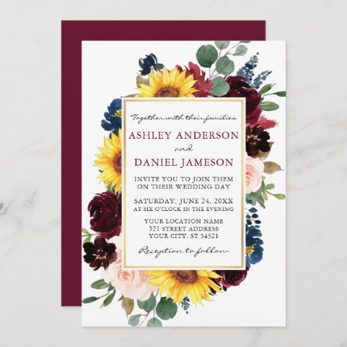 Watercolor Floral Gold Frame Wedding Burgundy Invitation