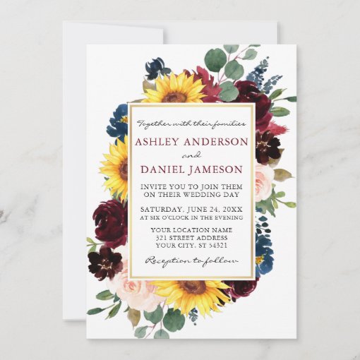 Watercolor Floral Gold Frame Wedding Burgundy Invitation | Zazzle