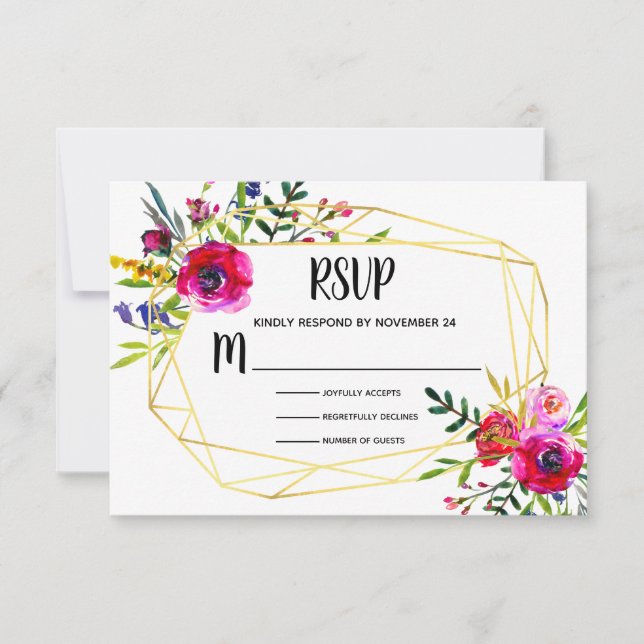Watercolor Floral Gold Geometric RSVP Card (Front)