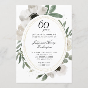 Watercolor Floral Gold Glitter 60th Anniversary Invitation
