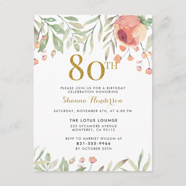 Watercolor Floral Gold Glitter 80th Birthday Party Invitation Postcard (Front)