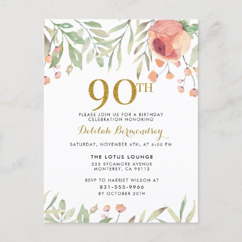 Watercolor Floral Gold Glitter 90th Birthday Party Invitation Postcard