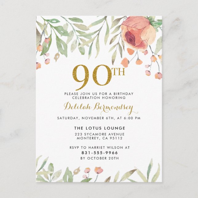 Watercolor Floral Gold Glitter 90th Birthday Party Invitation Postcard (Front)