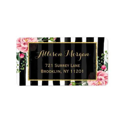 Watercolor Floral Gold Glitter Black White Stripes Label