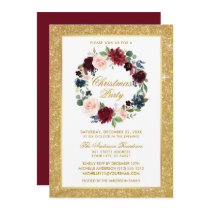 Watercolor Floral Gold Glitter Christmas Party Invitation