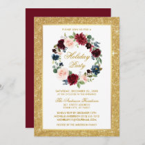 Watercolor Floral Gold Glitter Holiday Party Invitation
