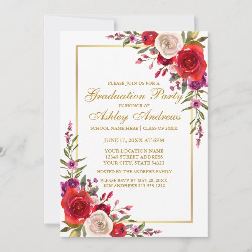 Watercolor Floral Gold Graduation Party Invitation