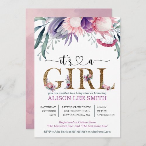 Watercolor Floral  Gold Its A Girl Baby Shower