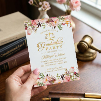 Watercolor Floral Gold Law School Graduation Photo Invitation