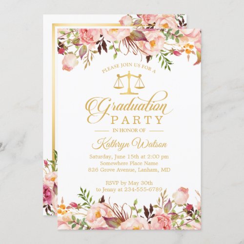 Watercolor Floral Gold Law School Graduation Photo Invitation