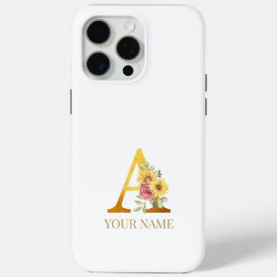 Watercolor Floral & Gold Letter A Monogram iPhone 15 Pro Max Case
