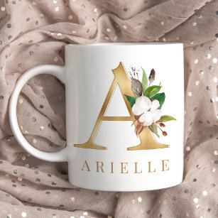 Watercolor Floral & Gold Letter A Monogram Coffee Mug